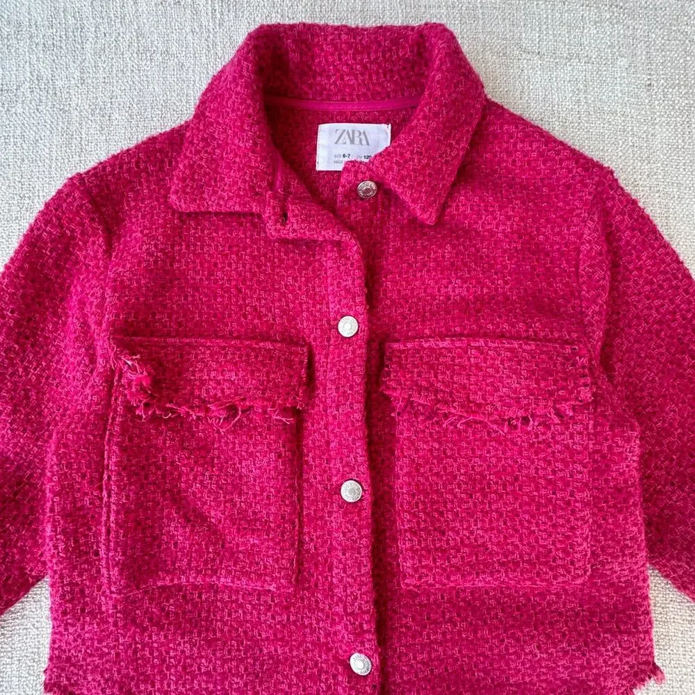 Zara Girl's Raspberry Pink Frayed-edge Oversized Shacket Jacket VGUC 6/7